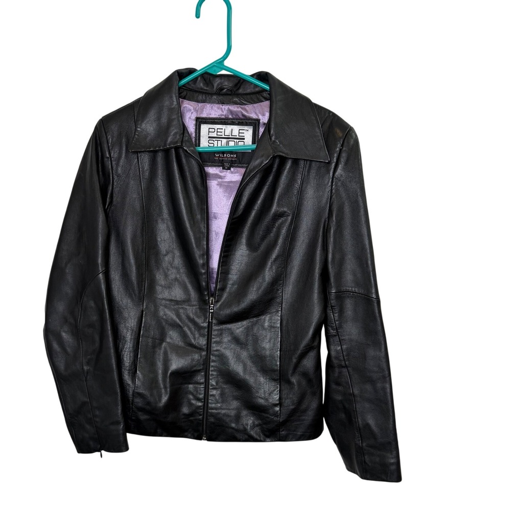Pelle Studio Jacket Black Leather Purple Lining Minimalist Zip Up Medium